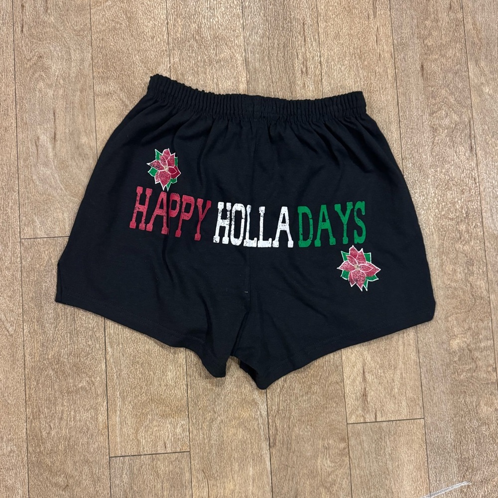 Black SOFFE Shorts Women's Medium ‘Happy Holla Days’ Christmas - Picture 1 of 3